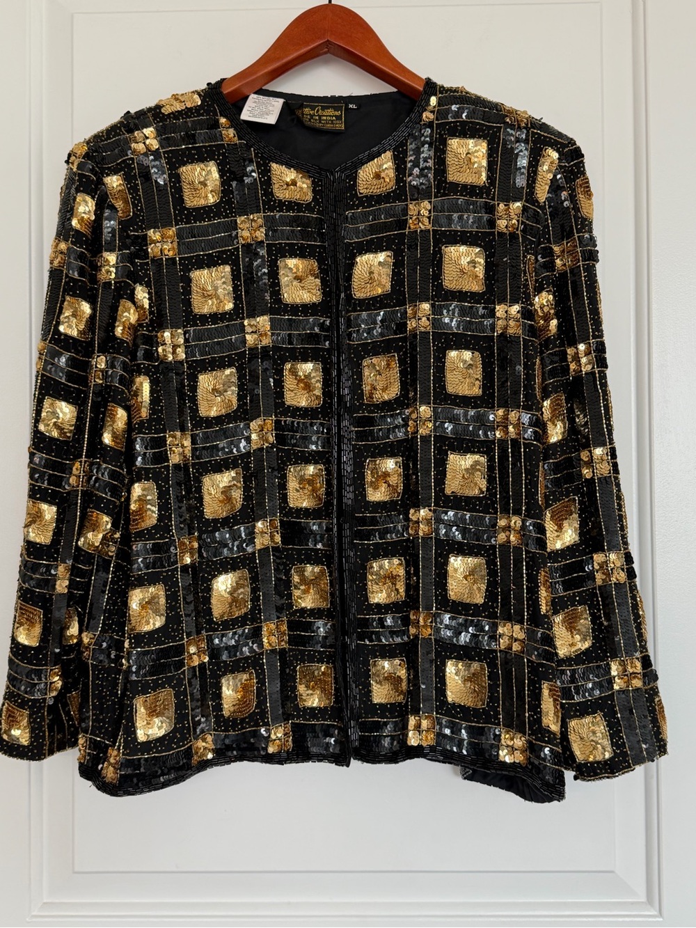 Vintage Silk Sequin Blazer Jacket Creative Creations XL Gold Black Beaded
